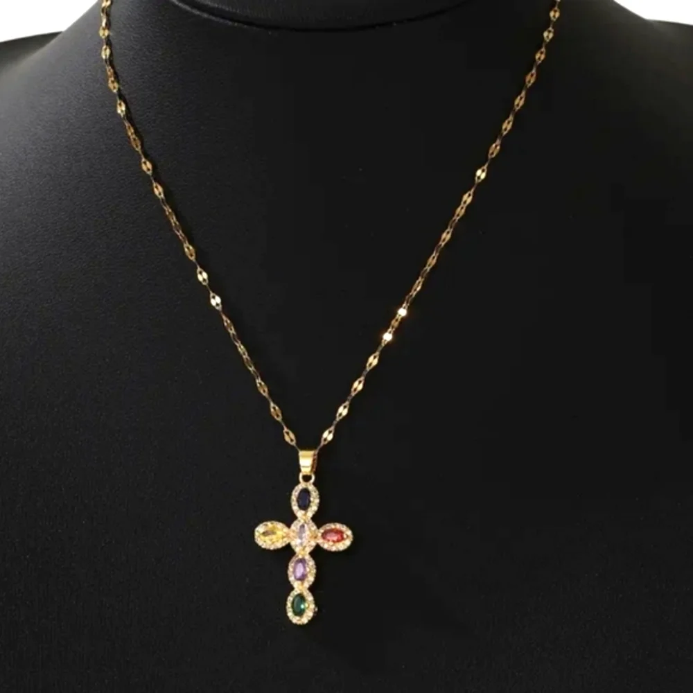 Ladies Elegant Multicolor Gemstone Cross Pendant Necklace